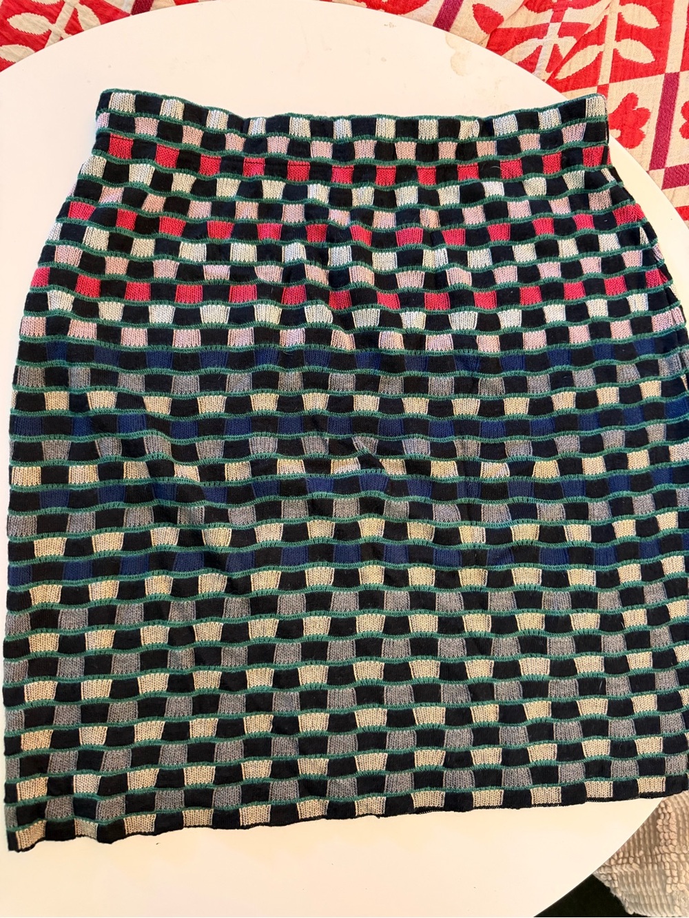 Anthropologie Checker Knit Pencil Skirt in Black, Cream & Red Accents